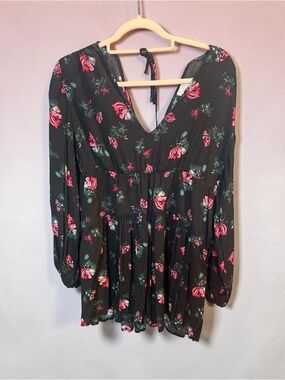a new day Black Floral V-Neck Mini Dress with Red Blooms